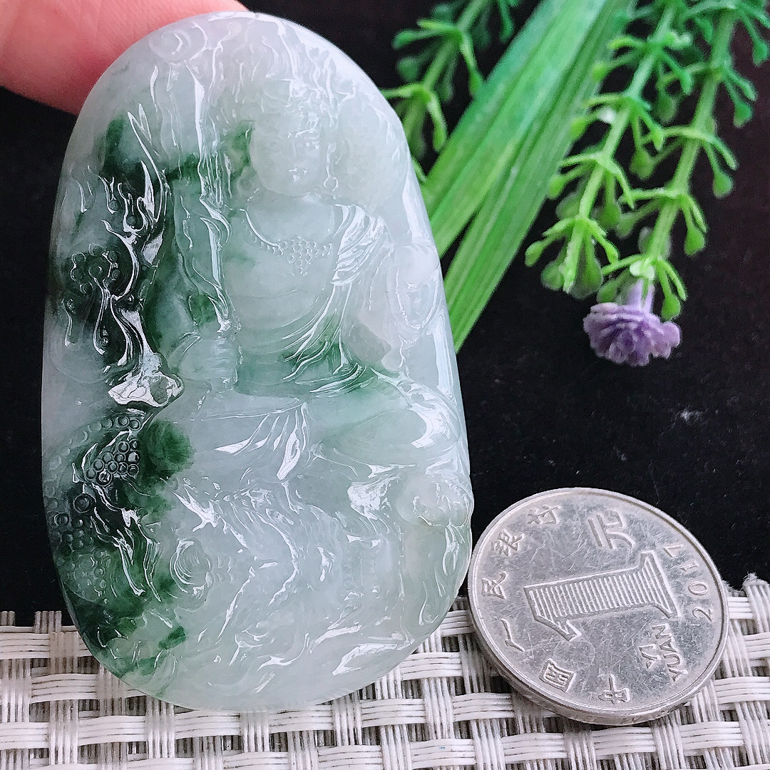 实拍A货翡翠63/38.5/6.3老坑精美冰润飘花不动明王吊坠翡翠玉挂件