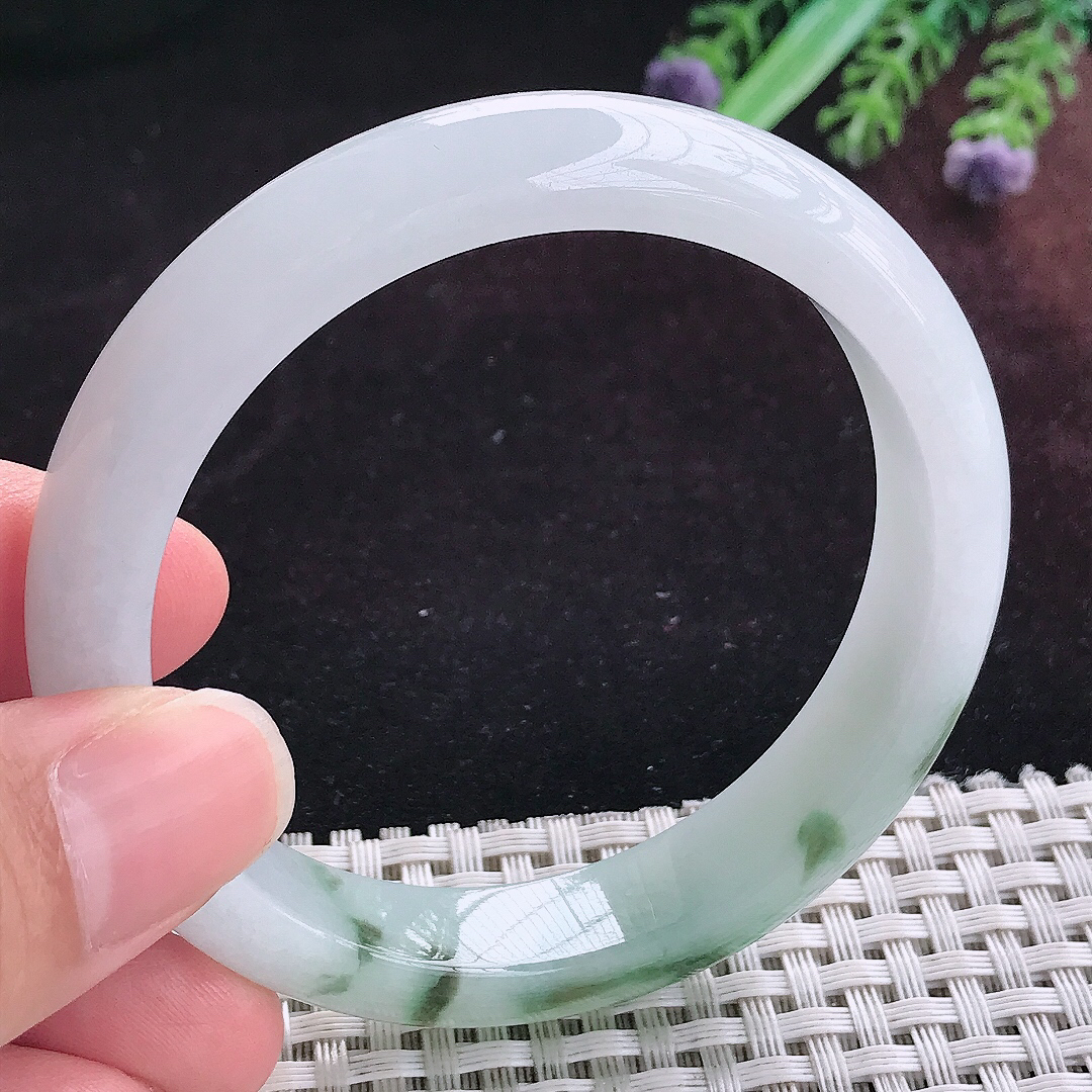 实拍A货翡翠56/12/8老坑冰润起胶飘花手镯天然玉镯平安镯女款