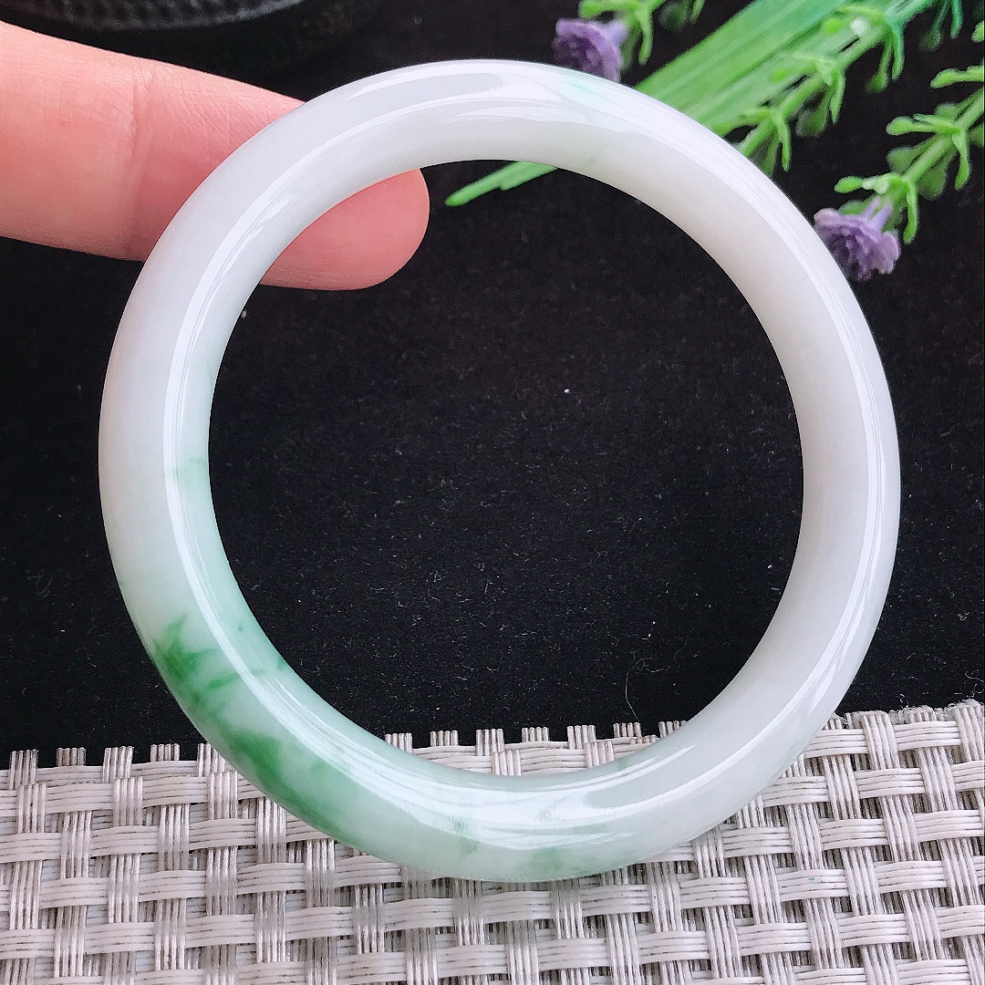 实拍A货翡翠53/8.6/8.5老坑冰润飘花圆条手镯天然玉镯平安镯女款