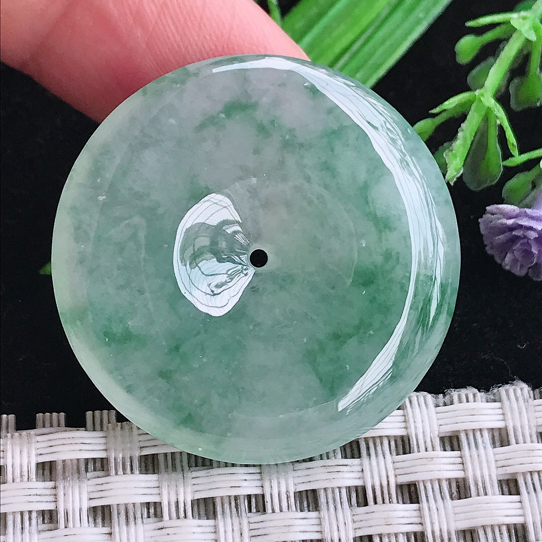 实拍A货翡翠33.3/6.3老坑冰胶果冻冰飘花平安扣吊坠翡翠玉扣挂件