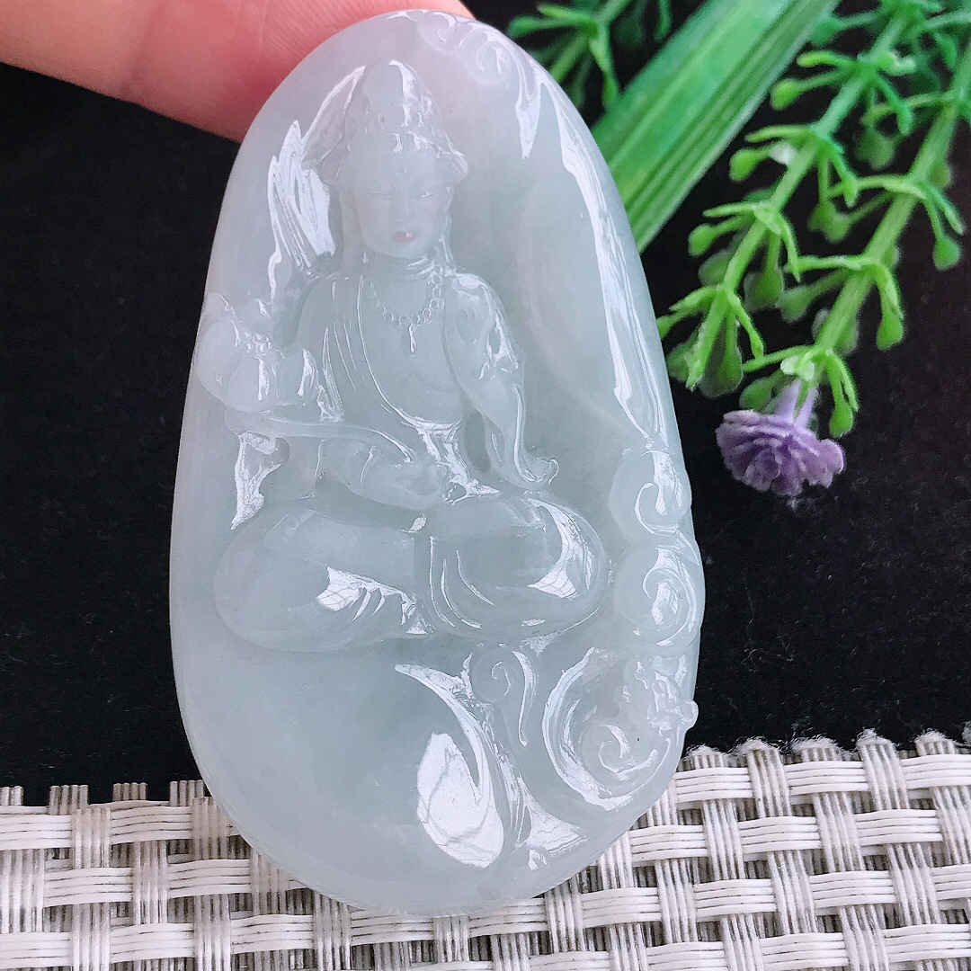 实拍A货翡翠61.3/38/6.3老坑冰润起胶白月光大势至菩萨吊坠翡翠玉挂件