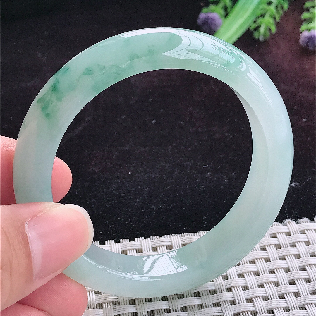 实拍A货翡翠51.3/12.2/8.2小圈口老坑冰胶飘花手镯天然玉镯平安镯女款