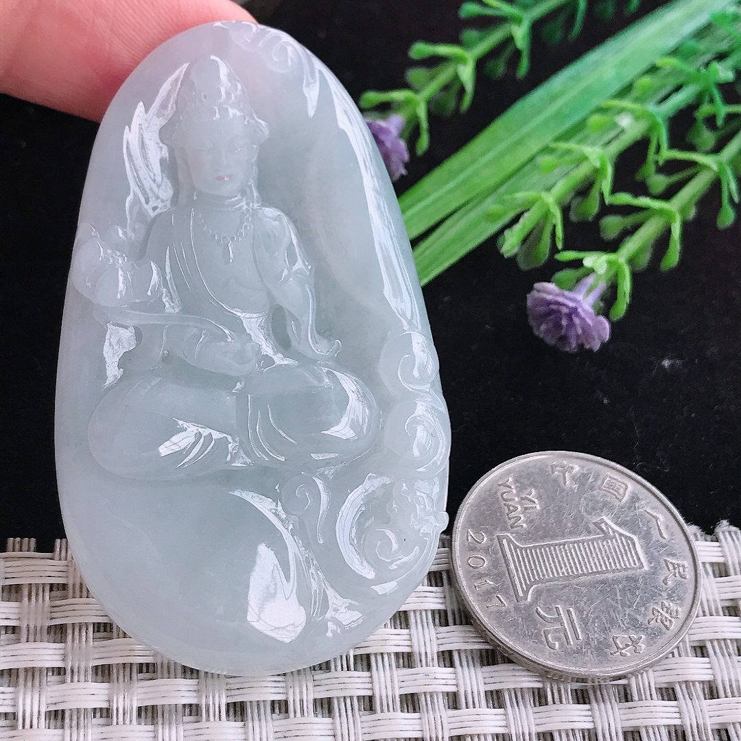 实拍A货翡翠61.3/38/6.3老坑冰润起胶白月光大势至菩萨吊坠翡翠玉挂件