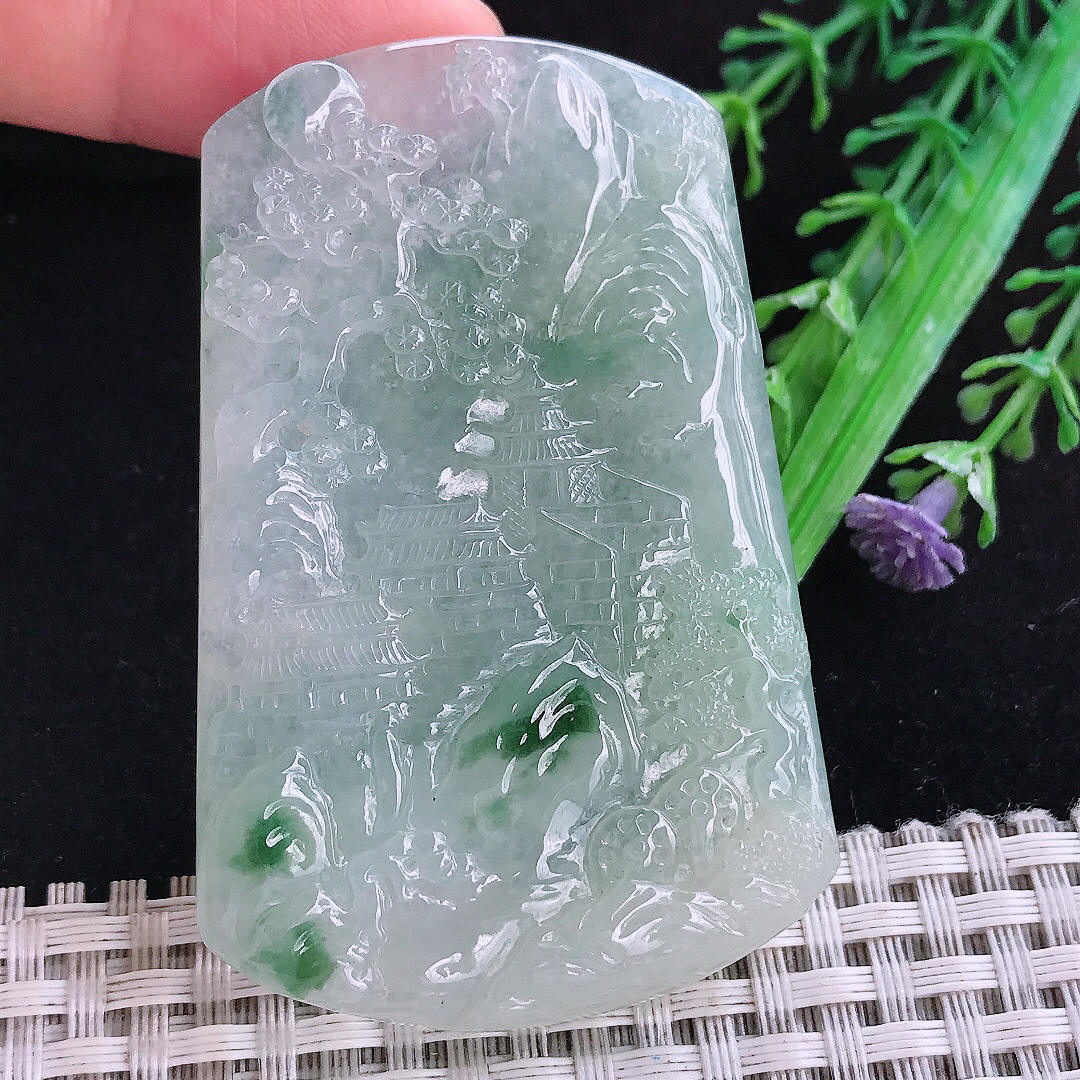 实拍A货翡翠64.7/42.5/6.2老坑冰润起胶冰飘花山水牌吊坠翡翠玉挂件