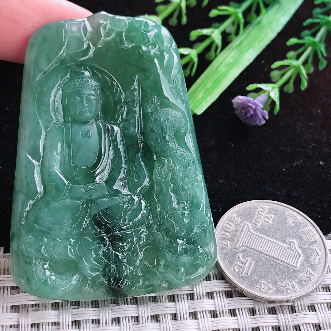 实拍A货翡翠62/44/5.6老坑冰润满绿大日如来佛吊坠翡翠玉挂件