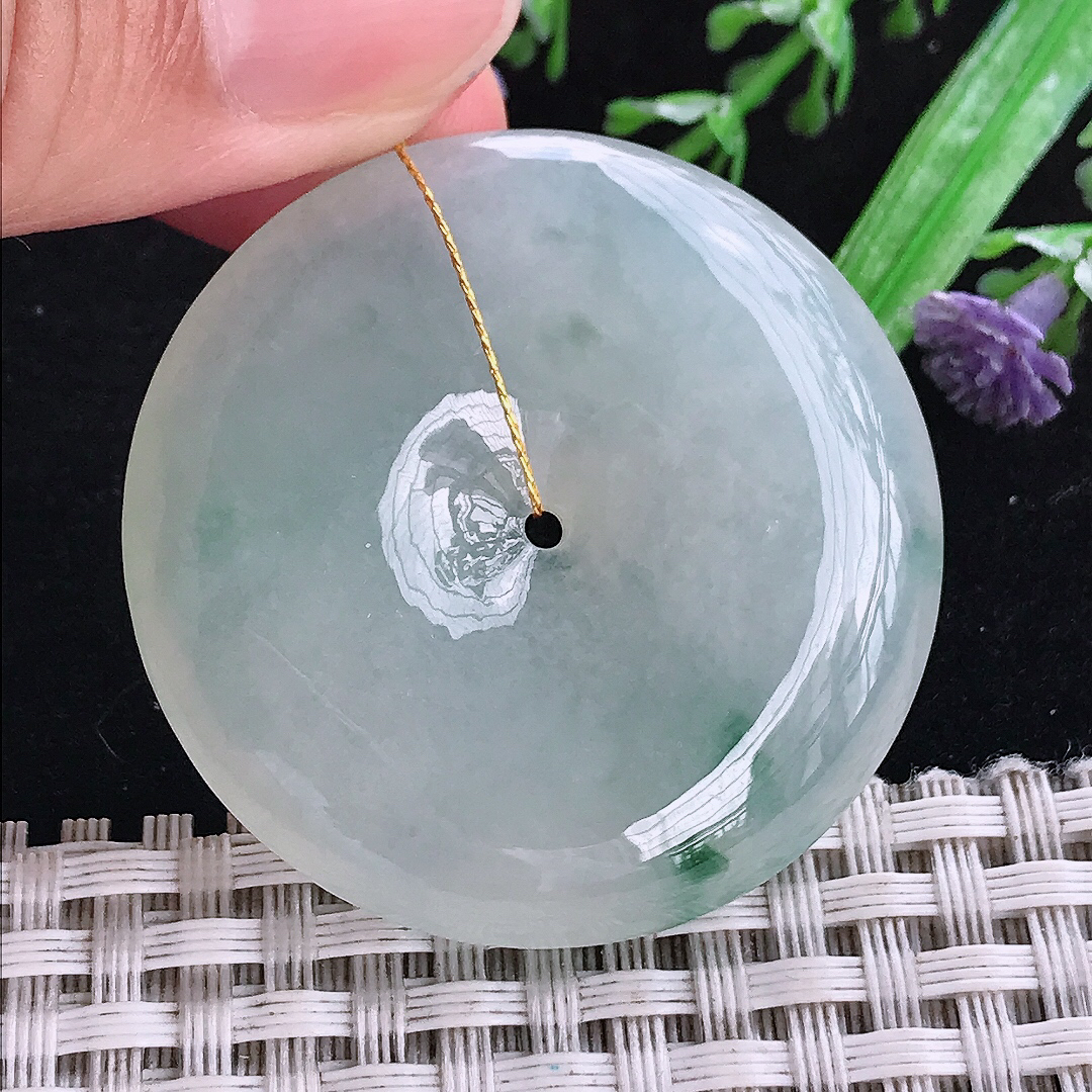 实拍A货翡翠40.6/7.4老坑冰胶飘花大平安扣吊坠翡翠玉扣挂件