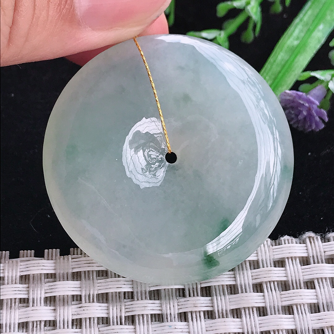 实拍A货翡翠40.6/7.4老坑冰胶飘花大平安扣吊坠翡翠玉扣挂件