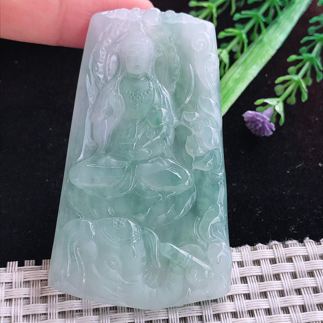 实拍A货翡翠72/44/6.4老坑冰润起胶晴底普贤菩萨吊坠翡翠玉挂件