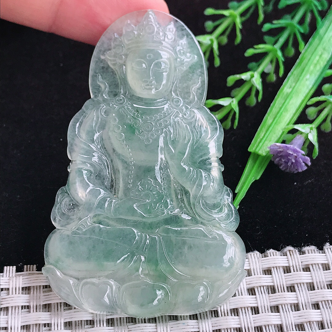 实拍A货翡翠65.8/40.8/5.3老坑冰种起胶冰晴度母菩萨吊坠翡翠玉挂件