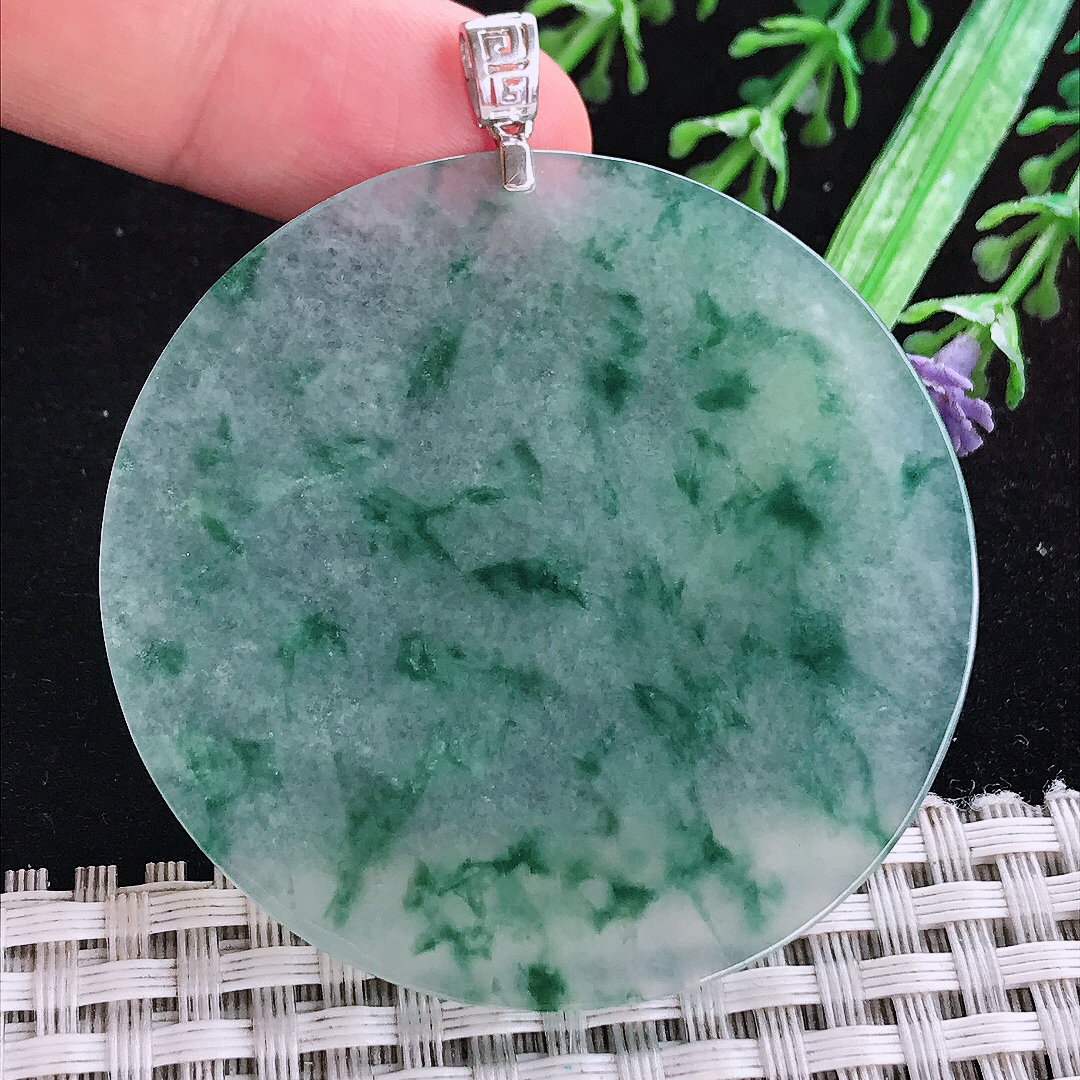 实拍A货翡翠52.3/3老坑18k金镶嵌冰飘花无事牌圆牌吊坠翡翠玉挂件