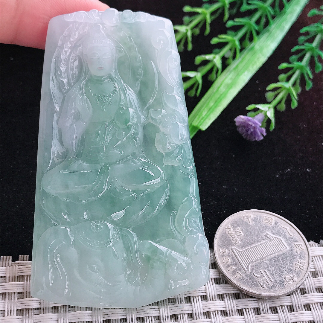 实拍A货翡翠72/44/6.4老坑冰润起胶晴底普贤菩萨吊坠翡翠玉挂件