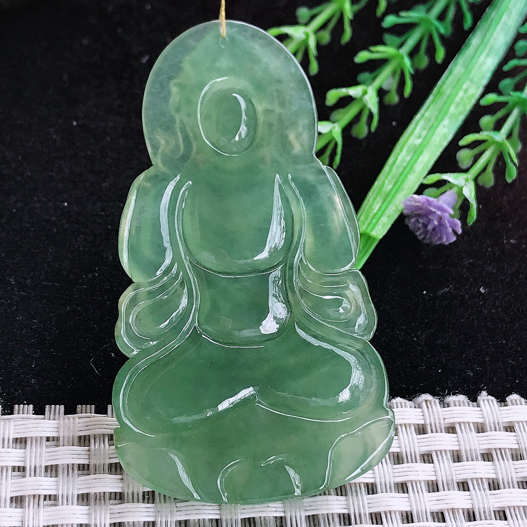 实拍A货翡翠66/36.5/5.5老坑冰胶晴底满绿观音菩萨吊坠翡翠玉挂件