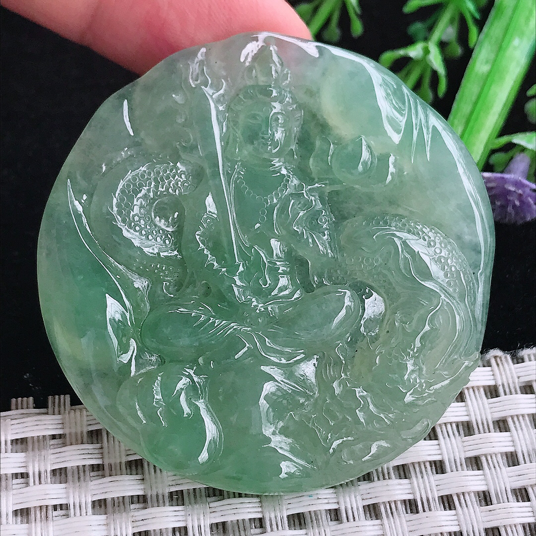 实拍A货翡翠51/50.5/6.5老坑冰胶果冻甜绿御龙观音吊坠翡翠玉挂件