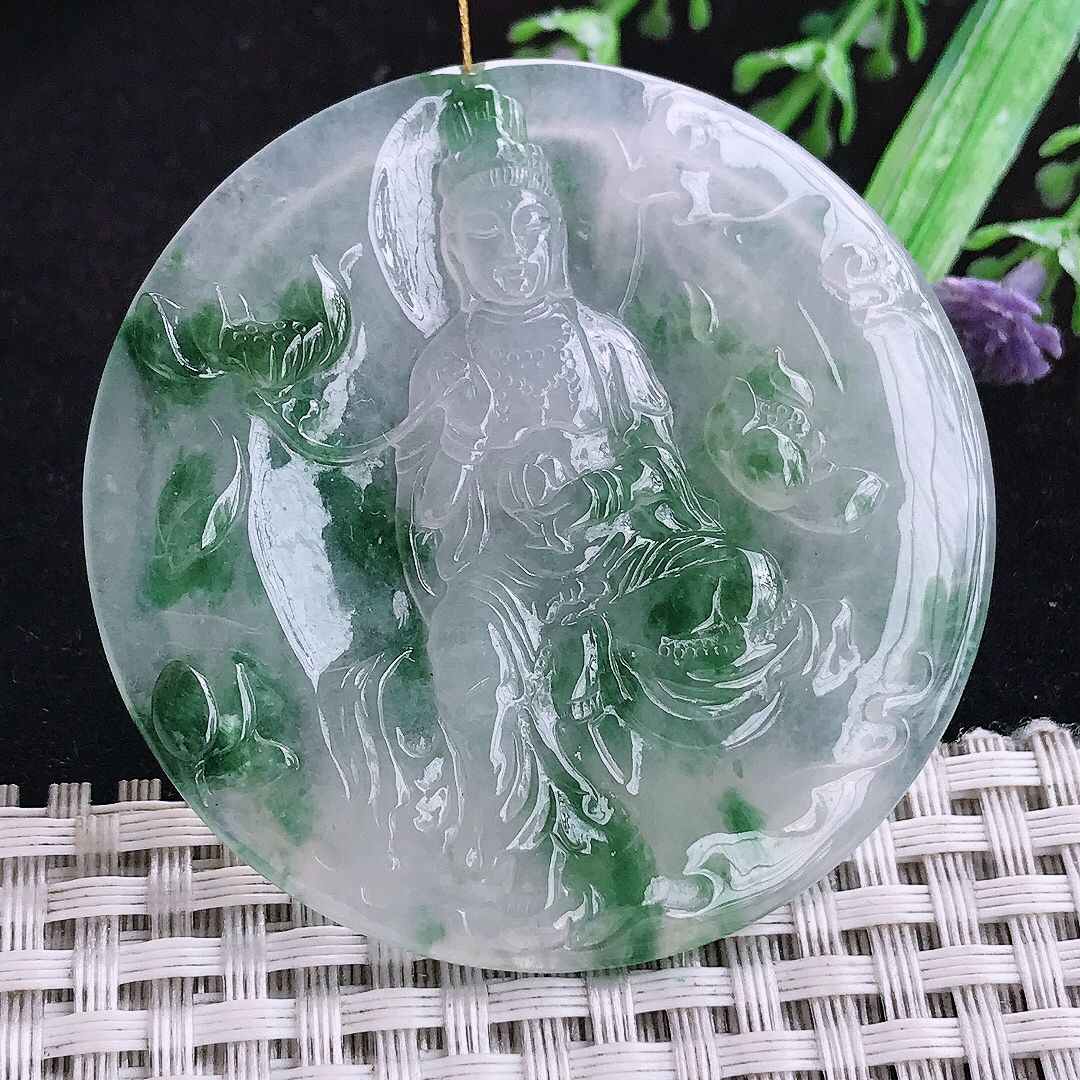 实拍A货翡翠53/5.3老坑冰胶冰飘花持莲观音大势至菩萨吊坠翡翠玉挂件