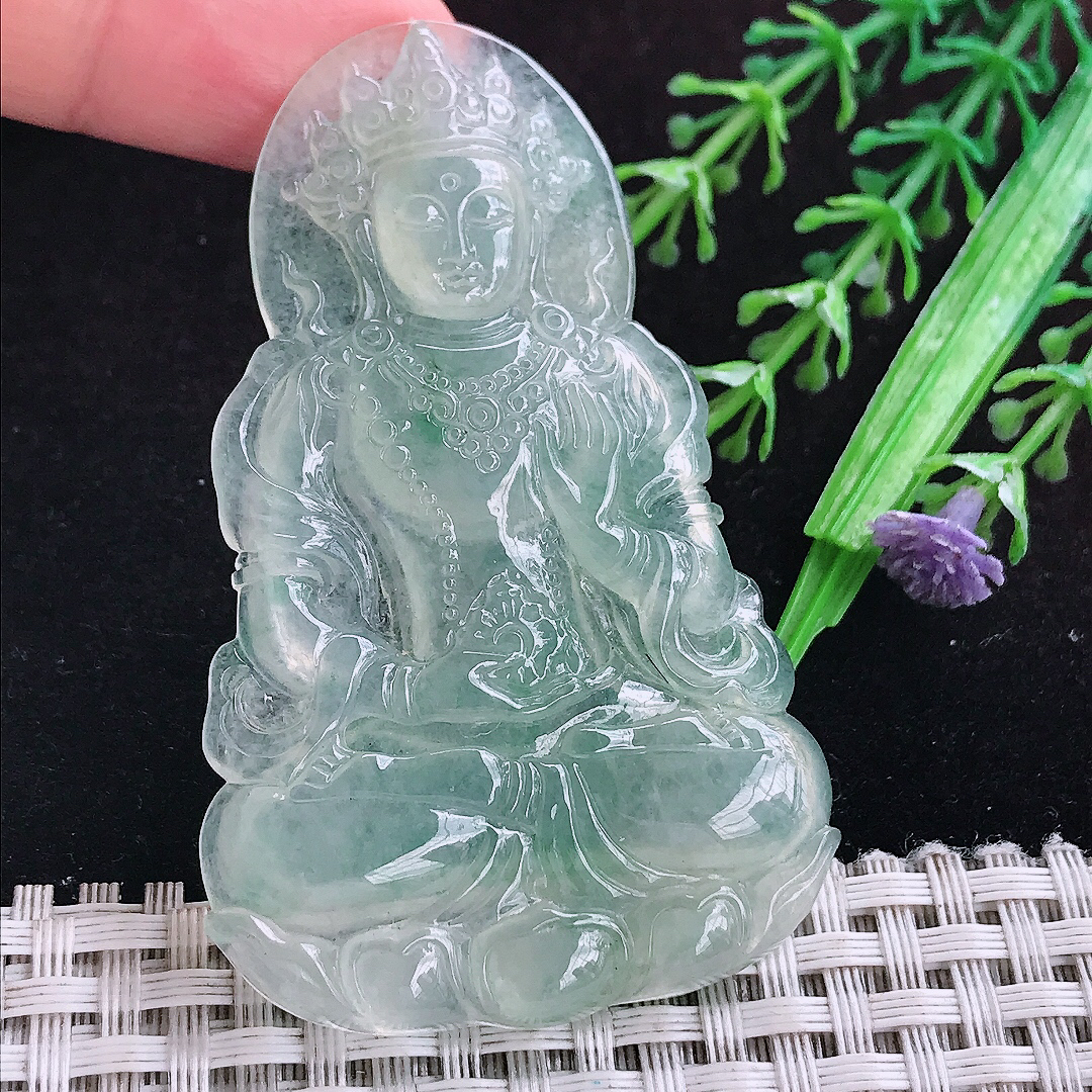 实拍A货翡翠65.8/40.8/5.3老坑冰种起胶冰晴度母菩萨吊坠翡翠玉挂件
