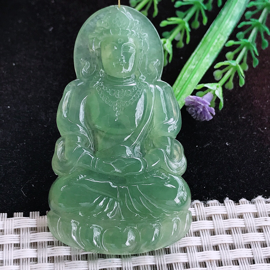 实拍A货翡翠66/36.5/5.5老坑冰胶晴底满绿观音菩萨吊坠翡翠玉挂件