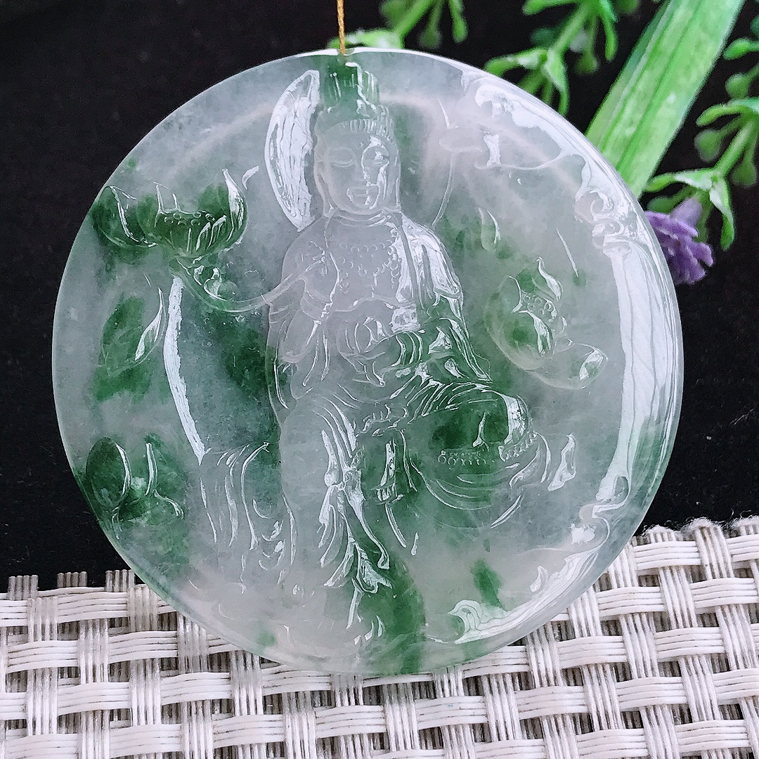 实拍A货翡翠53/5.3老坑冰胶冰飘花持莲观音大势至菩萨吊坠翡翠玉挂件