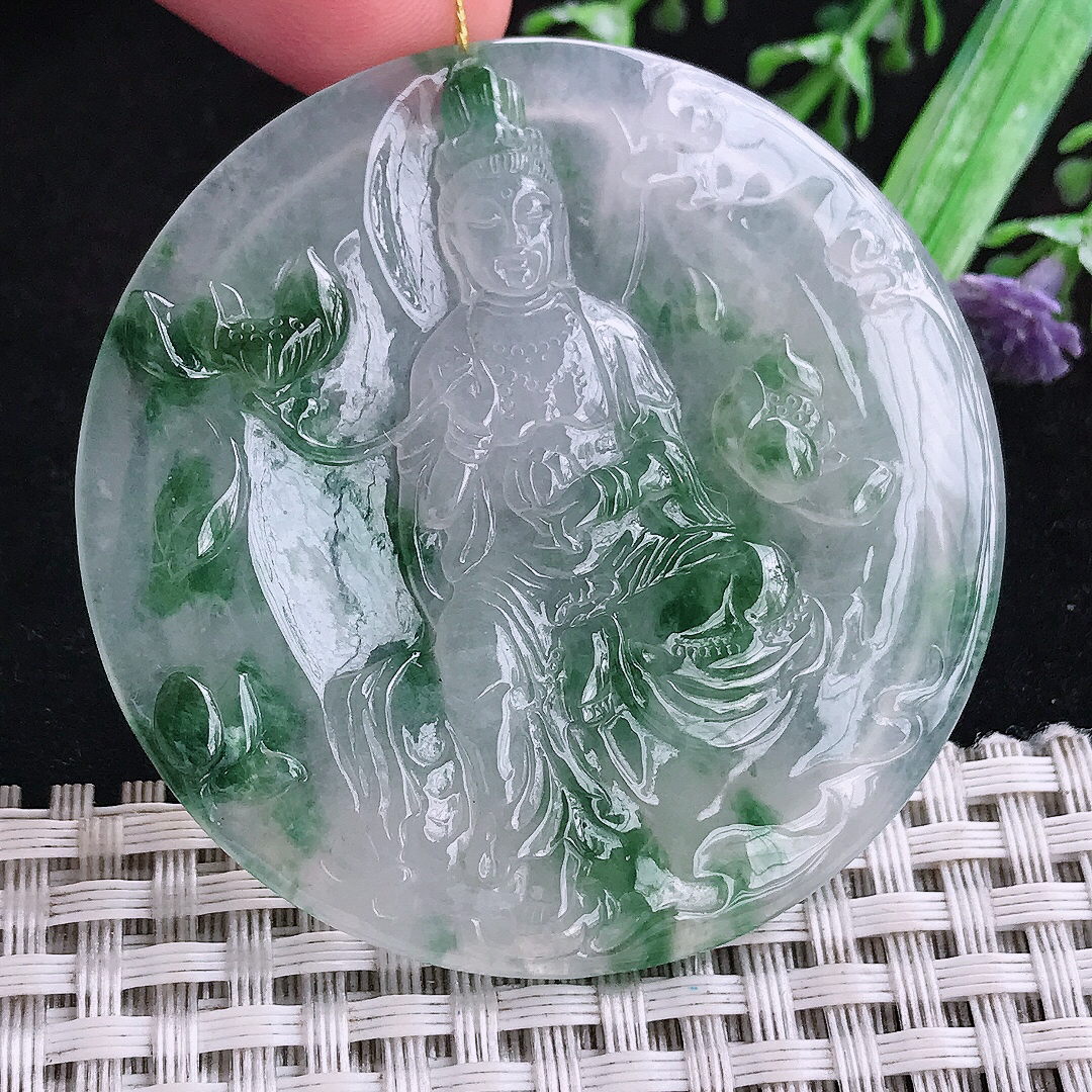 实拍A货翡翠53/5.3老坑冰胶冰飘花持莲观音大势至菩萨吊坠翡翠玉挂件