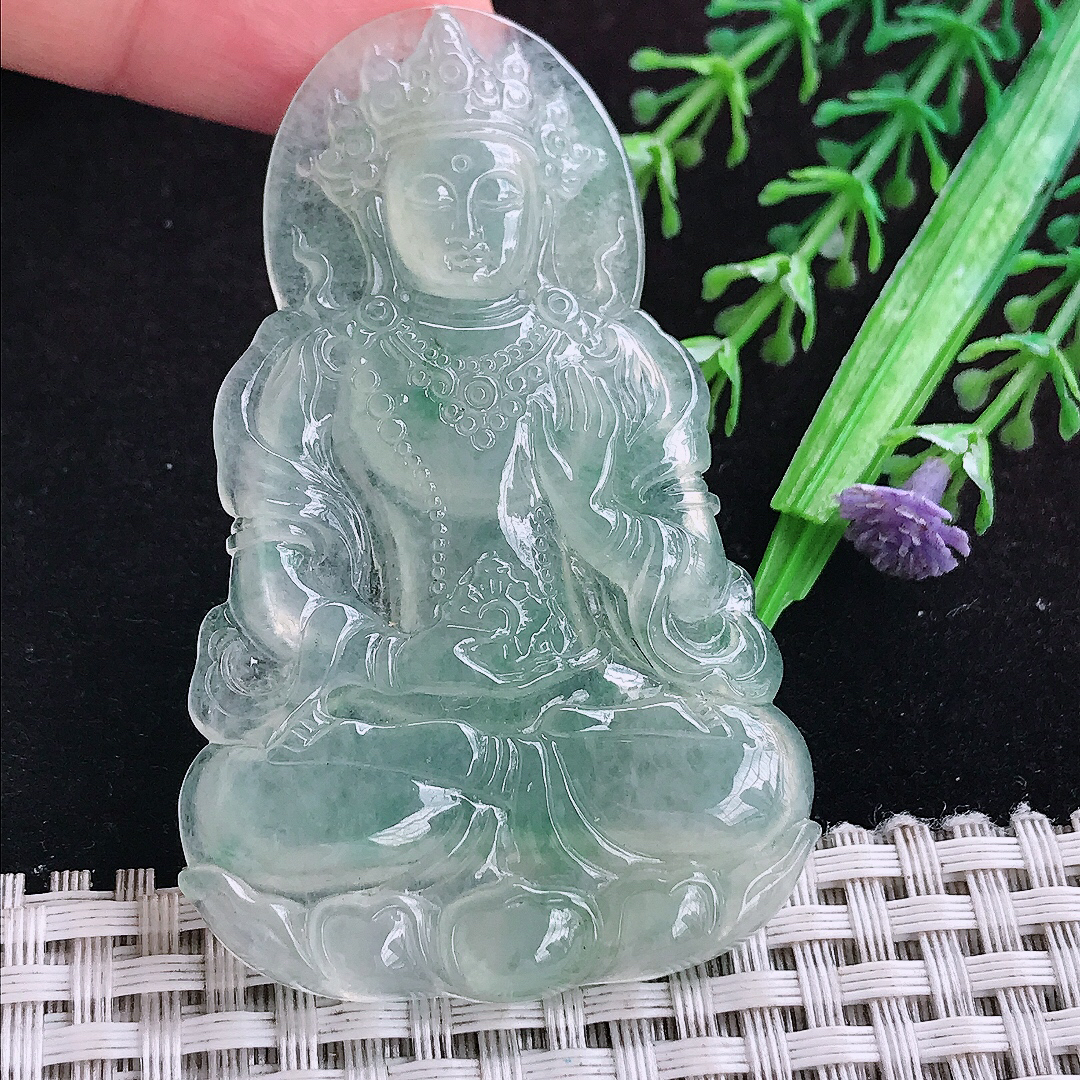 实拍A货翡翠65.8/40.8/5.3老坑冰种起胶冰晴度母菩萨吊坠翡翠玉挂件