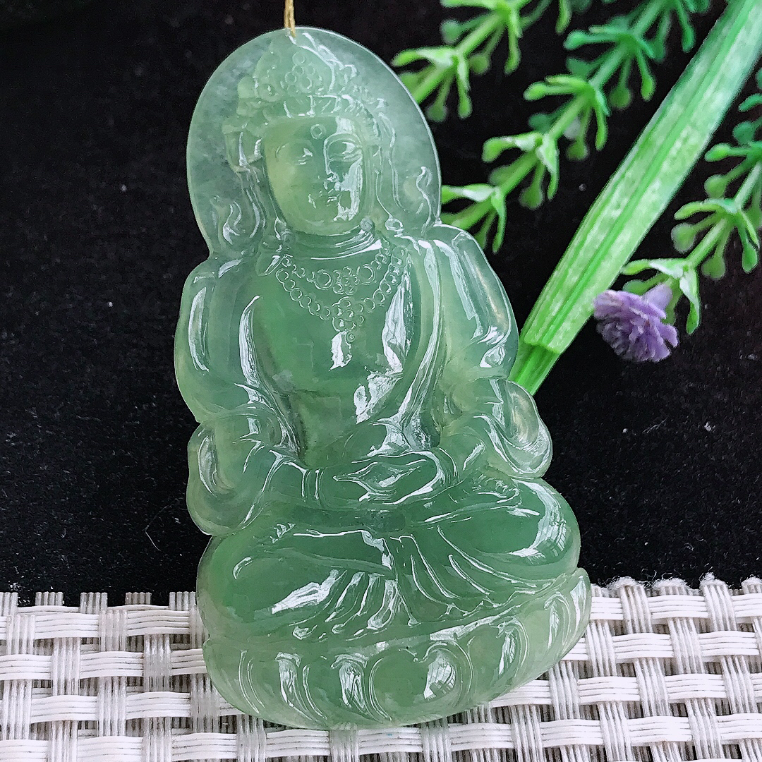 实拍A货翡翠66/36.5/5.5老坑冰胶晴底满绿观音菩萨吊坠翡翠玉挂件