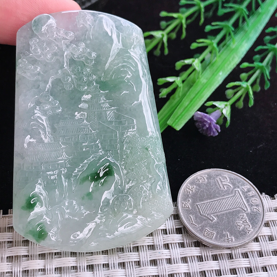 实拍A货翡翠64.7/42.5/6.2老坑冰润起胶冰飘花山水牌吊坠翡翠玉挂件