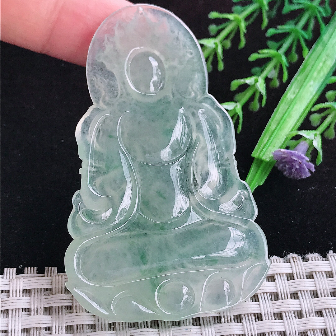 实拍A货翡翠65.8/40.8/5.3老坑冰种起胶冰晴度母菩萨吊坠翡翠玉挂件