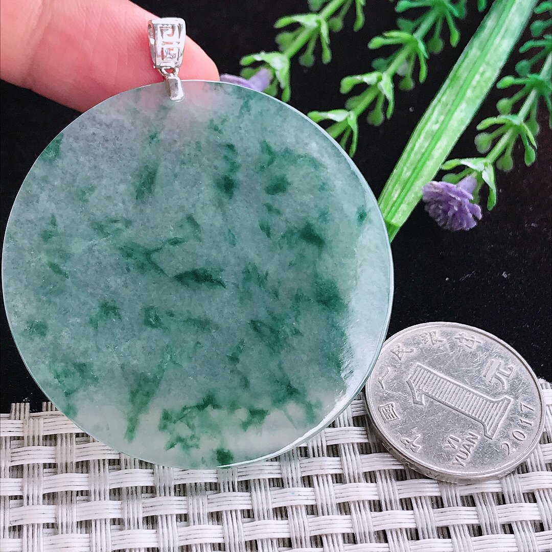 实拍A货翡翠52.3/3老坑18k金镶嵌冰飘花无事牌圆牌吊坠翡翠玉挂件