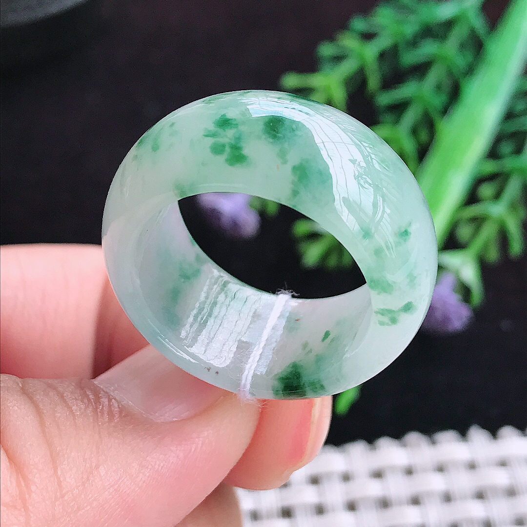 实拍A货翡翠18.9/11.8/4.3老坑冰润飘花扳指戒指翡翠玉指环