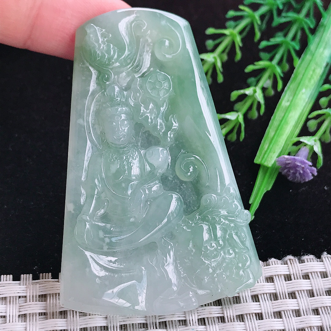 实拍A货翡翠66/44/5.8老坑冰胶晴底文殊菩萨吊坠翡翠玉挂件