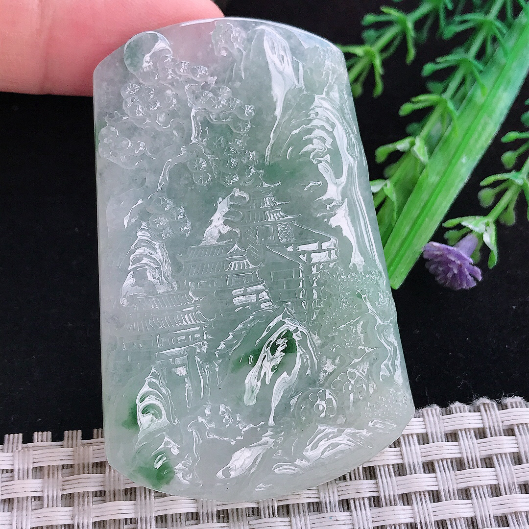 实拍A货翡翠64.7/42.5/6.2老坑冰润起胶冰飘花山水牌吊坠翡翠玉挂件