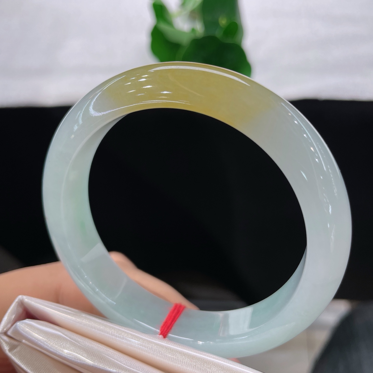 翡翠手镯 圈口56.1/12/8.2，冰黄翡正圈，56/57可戴，黄如暖阳熔金，白似凝霜映月，质地莹透。