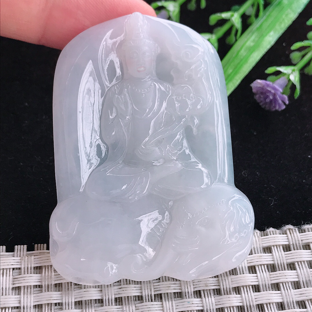 实拍A货翡翠55.6/43/5.6老坑冰润白月光普贤菩萨吊坠翡翠玉挂件