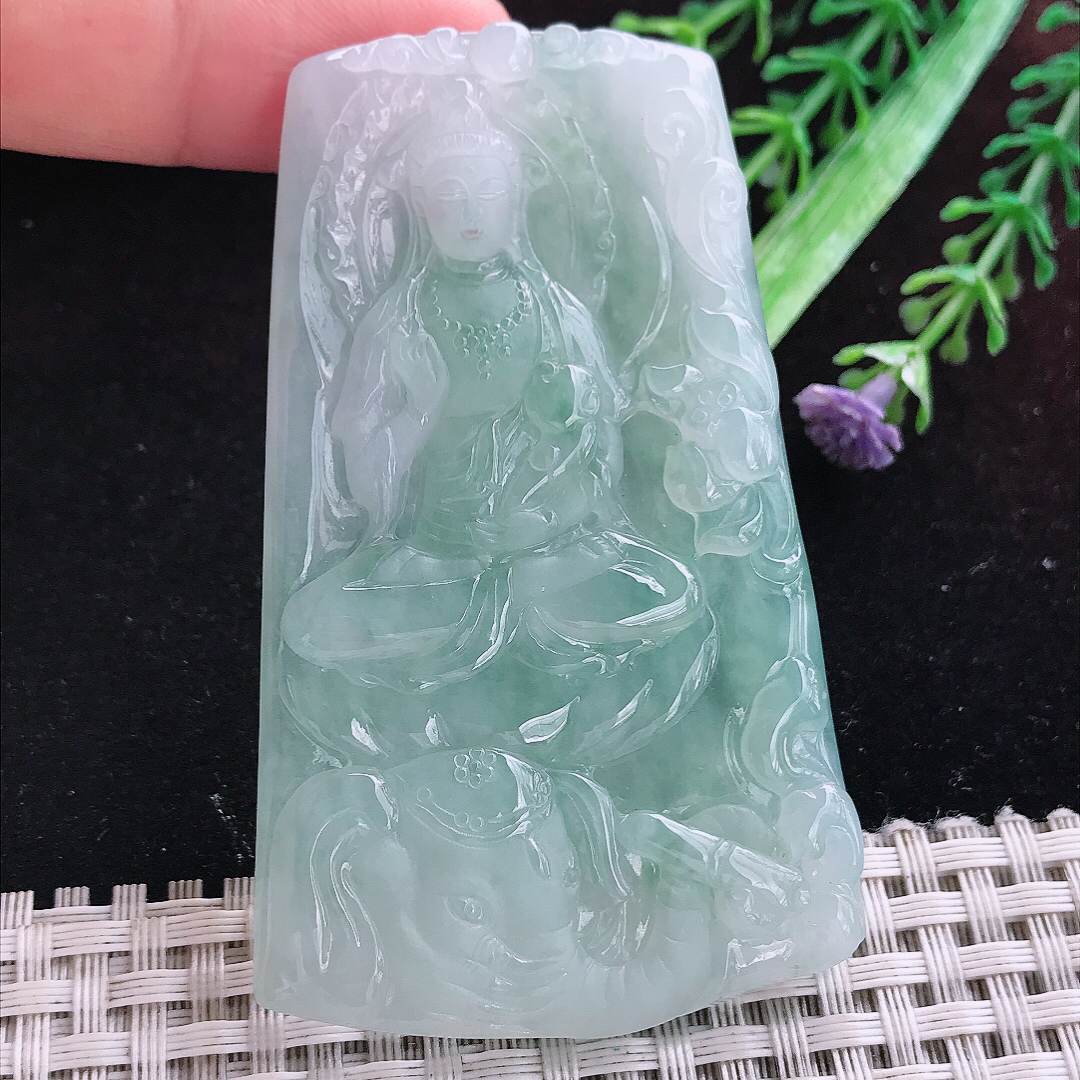 实拍A货翡翠72/44/6.4老坑冰润起胶晴底普贤菩萨吊坠翡翠玉挂件
