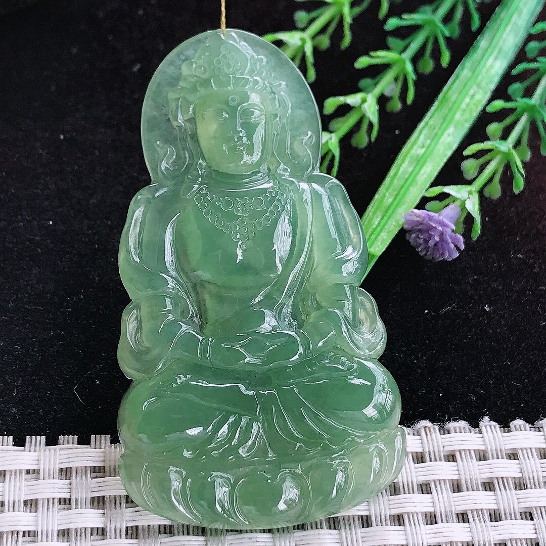 实拍A货翡翠66/36.5/5.5老坑冰胶晴底满绿观音菩萨吊坠翡翠玉挂件