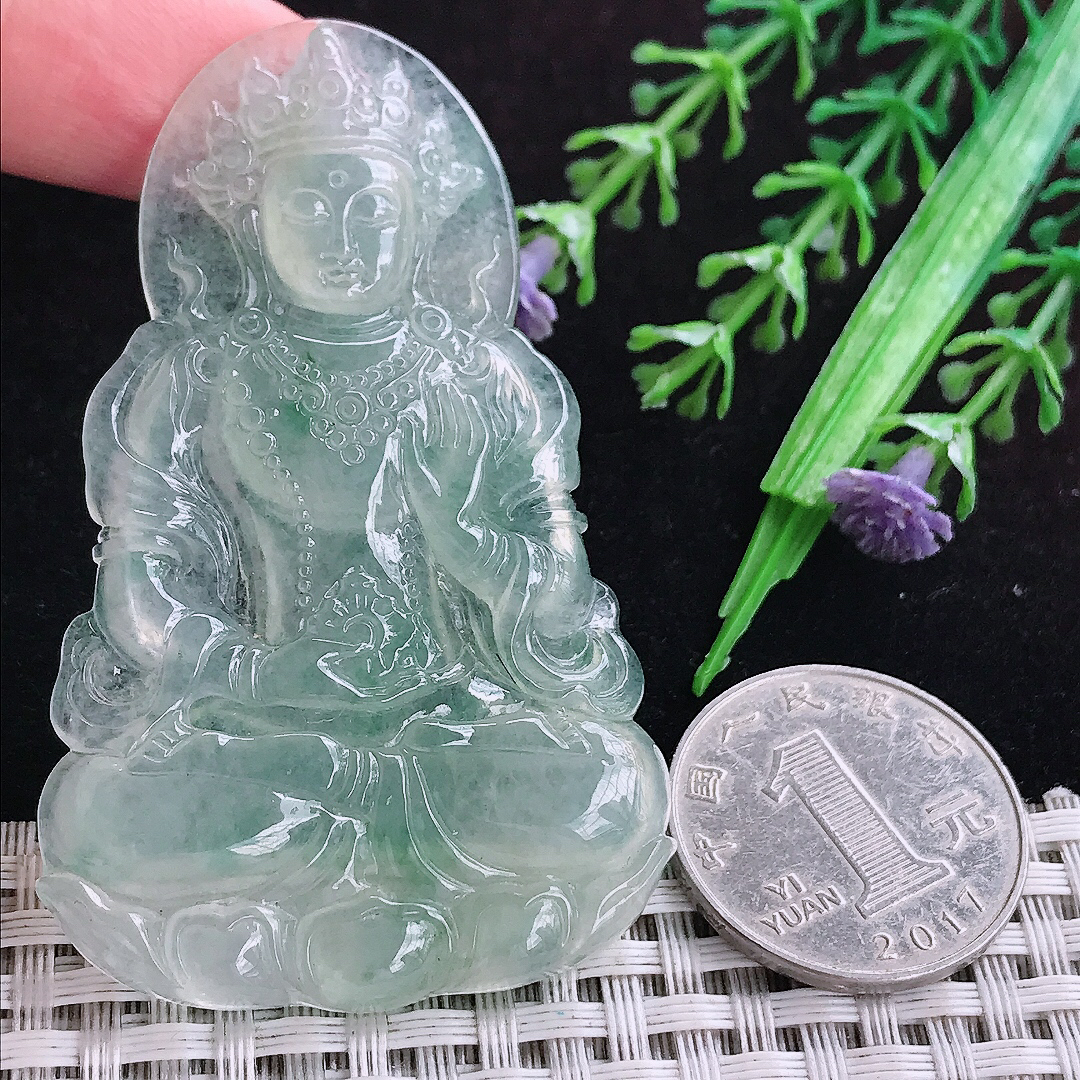实拍A货翡翠65.8/40.8/5.3老坑冰种起胶冰晴度母菩萨吊坠翡翠玉挂件