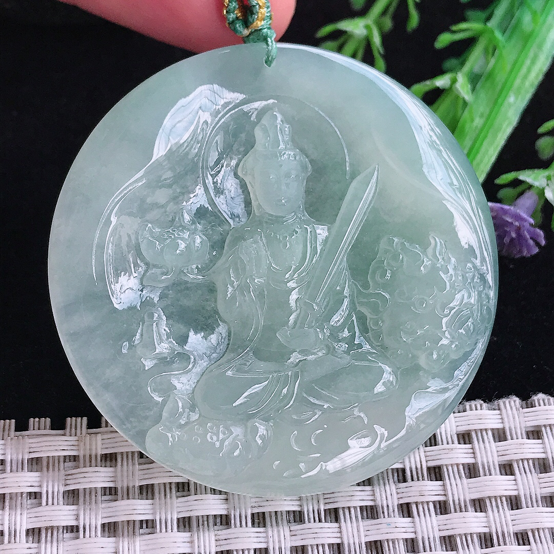 实拍A货翡翠51.8/5.6老坑冰胶果冻冰晴文殊菩萨吊坠翡翠圆牌观音挂件