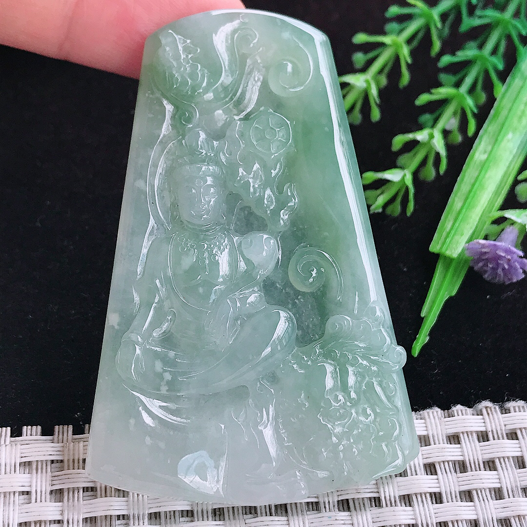 实拍A货翡翠66/44/5.8老坑冰胶晴底文殊菩萨吊坠翡翠玉挂件