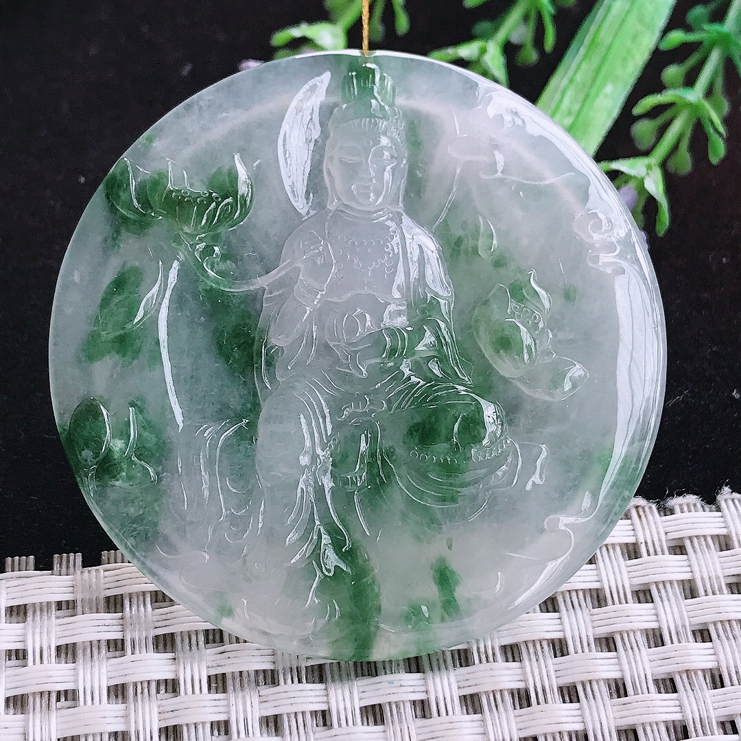 实拍A货翡翠53/5.3老坑冰胶冰飘花持莲观音大势至菩萨吊坠翡翠玉挂件