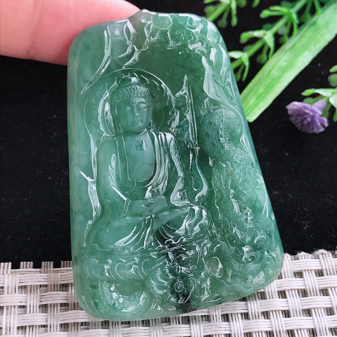 实拍A货翡翠62/44/5.6老坑冰润满绿大日如来佛吊坠翡翠玉挂件