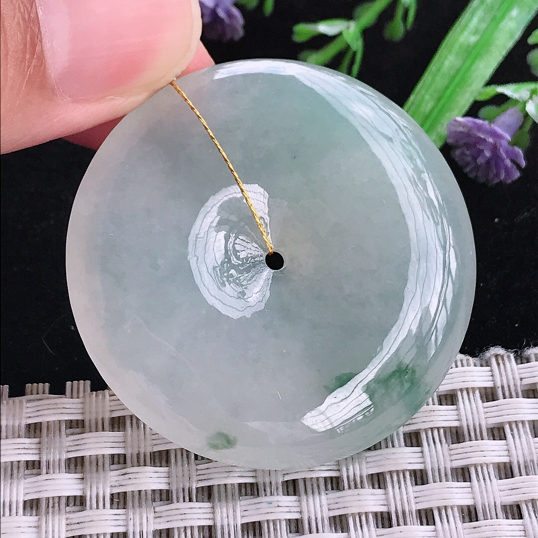 实拍A货翡翠40.6/7.4老坑冰胶飘花大平安扣吊坠翡翠玉扣挂件