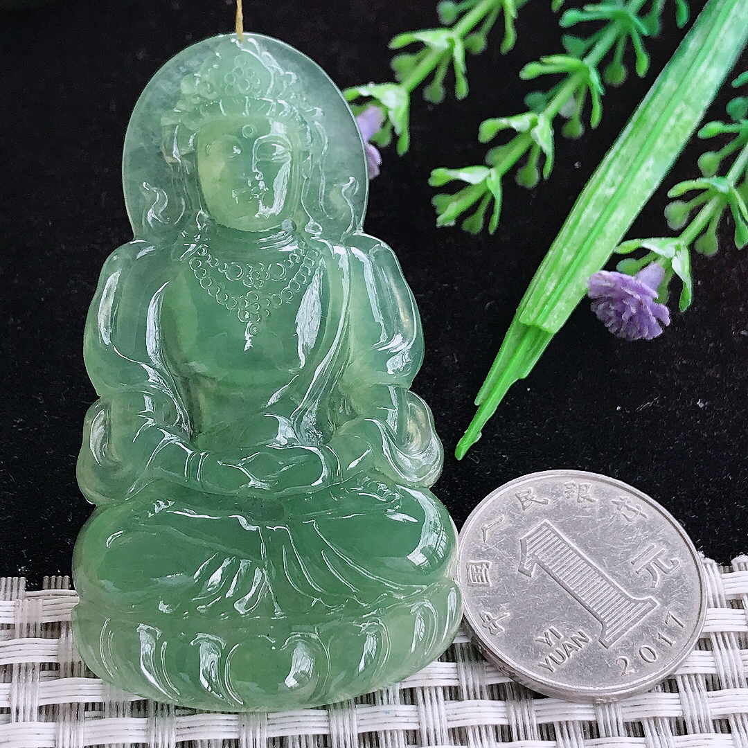 实拍A货翡翠66/36.5/5.5老坑冰胶晴底满绿观音菩萨吊坠翡翠玉挂件