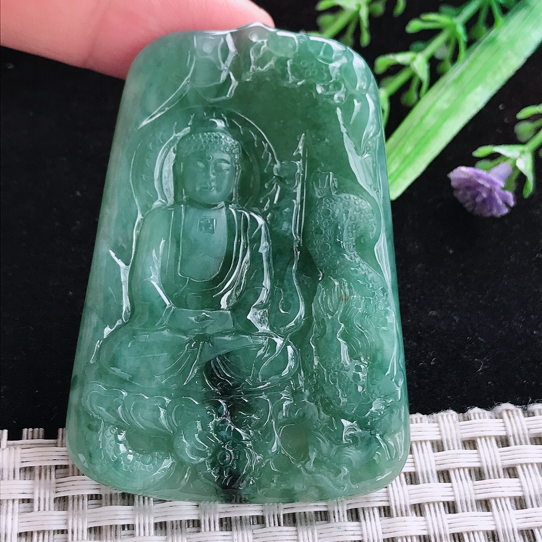 实拍A货翡翠62/44/5.6老坑冰润满绿大日如来佛吊坠翡翠玉挂件