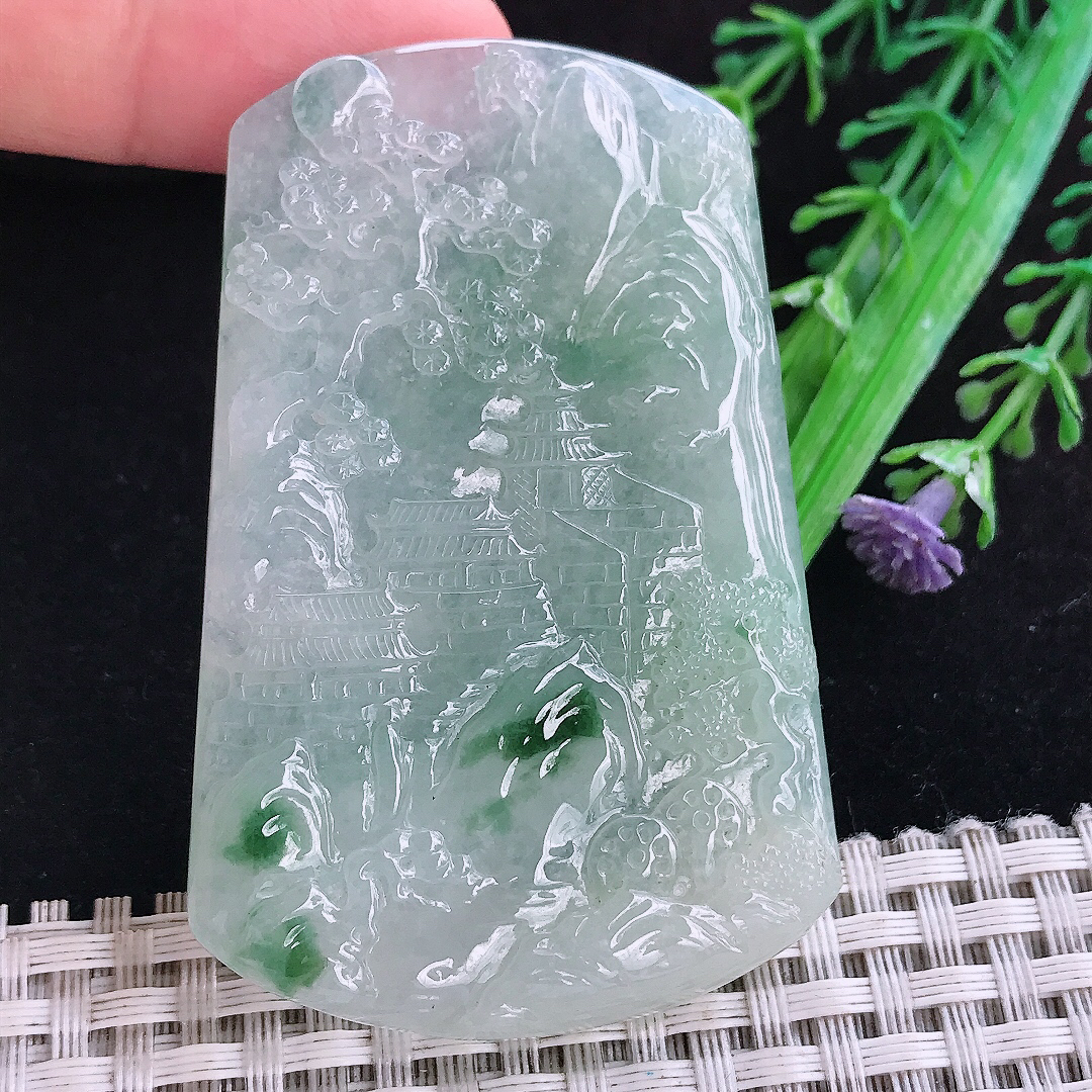 实拍A货翡翠64.7/42.5/6.2老坑冰润起胶冰飘花山水牌吊坠翡翠玉挂件