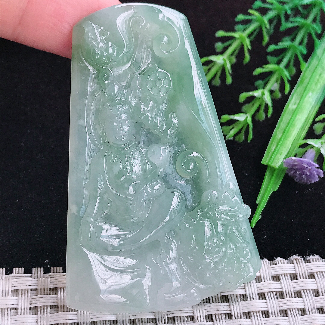 实拍A货翡翠66/44/5.8老坑冰胶晴底文殊菩萨吊坠翡翠玉挂件