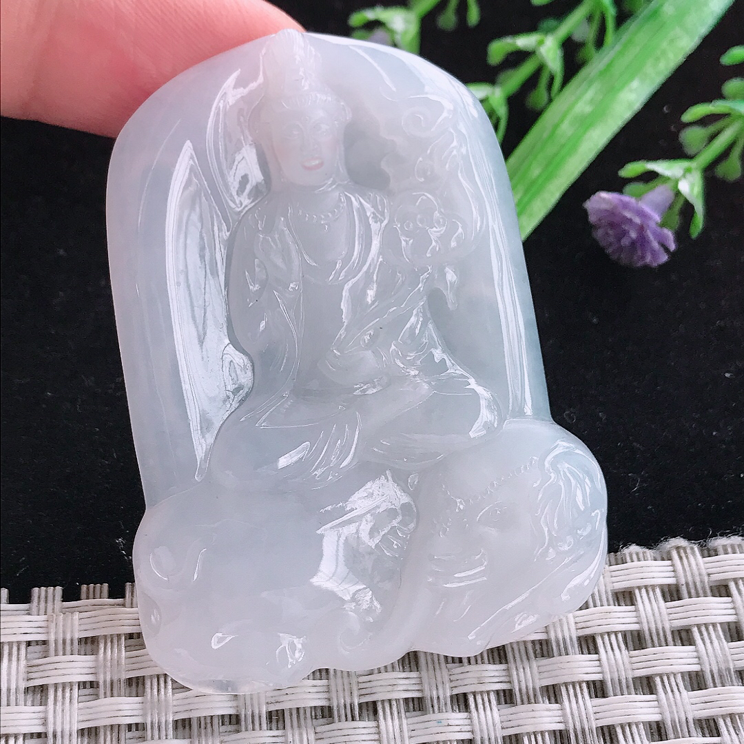 实拍A货翡翠55.6/43/5.6老坑冰润白月光普贤菩萨吊坠翡翠玉挂件