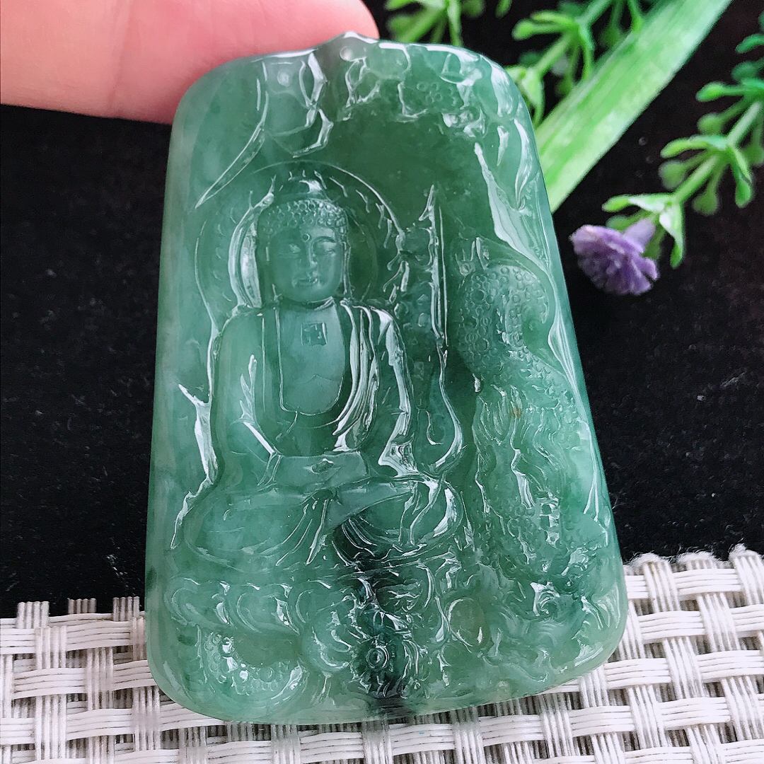 实拍A货翡翠62/44/5.6老坑冰润满绿大日如来佛吊坠翡翠玉挂件