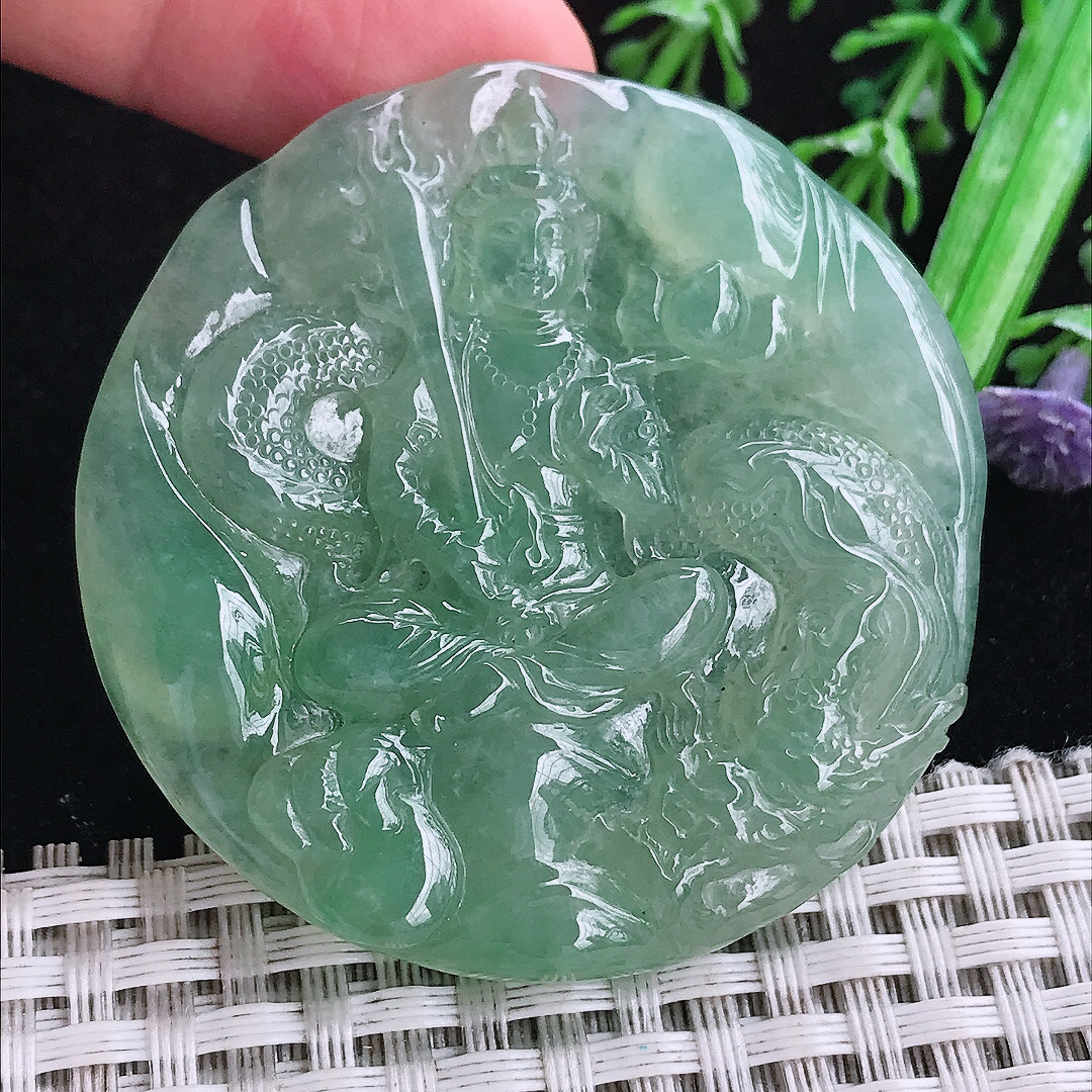 实拍A货翡翠51/50.5/6.5老坑冰胶果冻甜绿御龙观音吊坠翡翠玉挂件