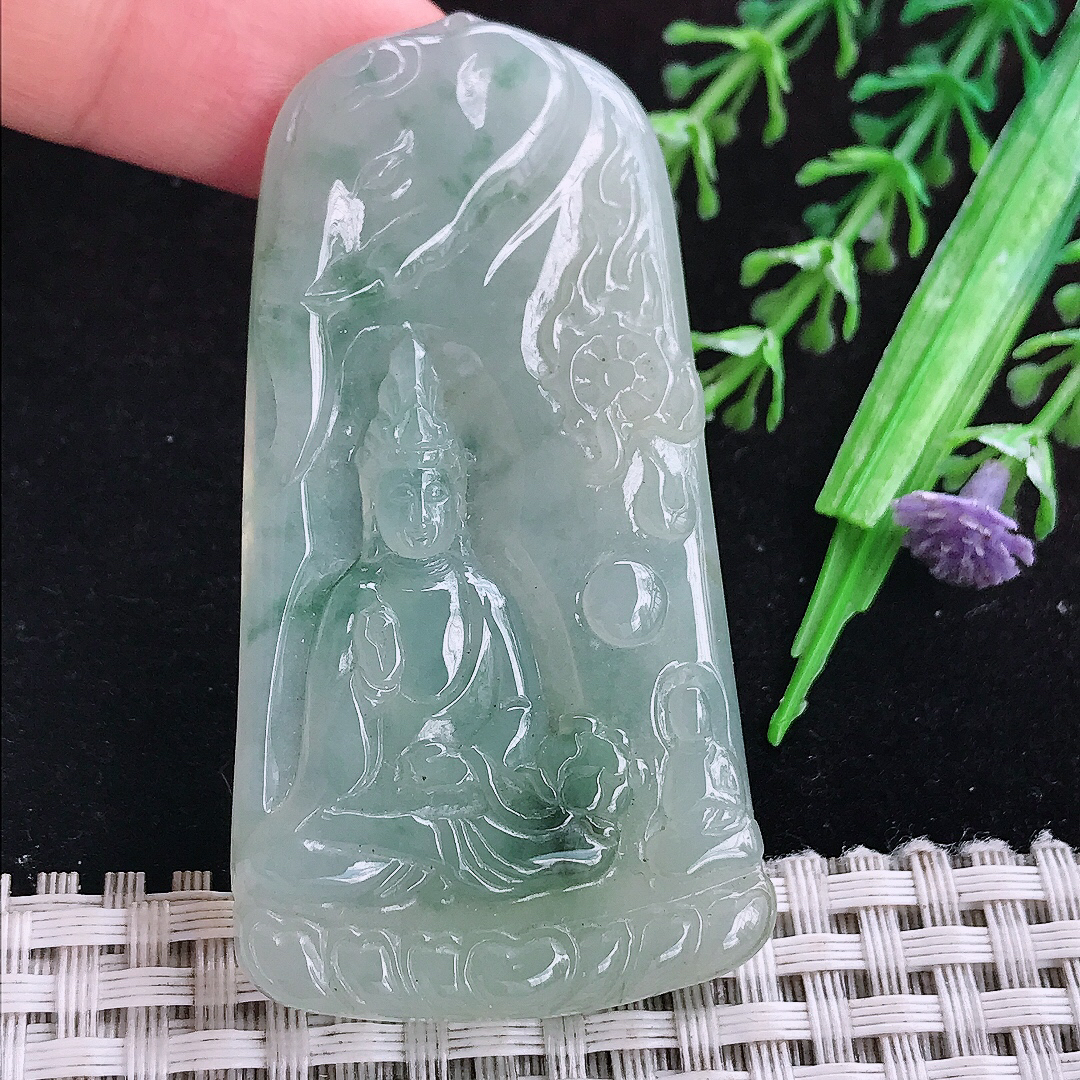 实拍A货翡翠62.5/32.8/6.3老坑冰胶飘花普贤菩萨吊坠翡翠玉挂件