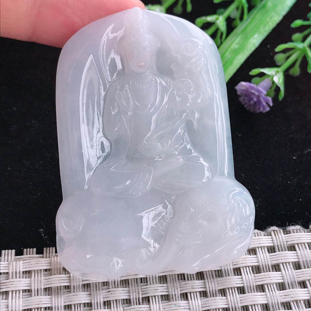 实拍A货翡翠55.6/43/5.6老坑冰润白月光普贤菩萨吊坠翡翠玉挂件