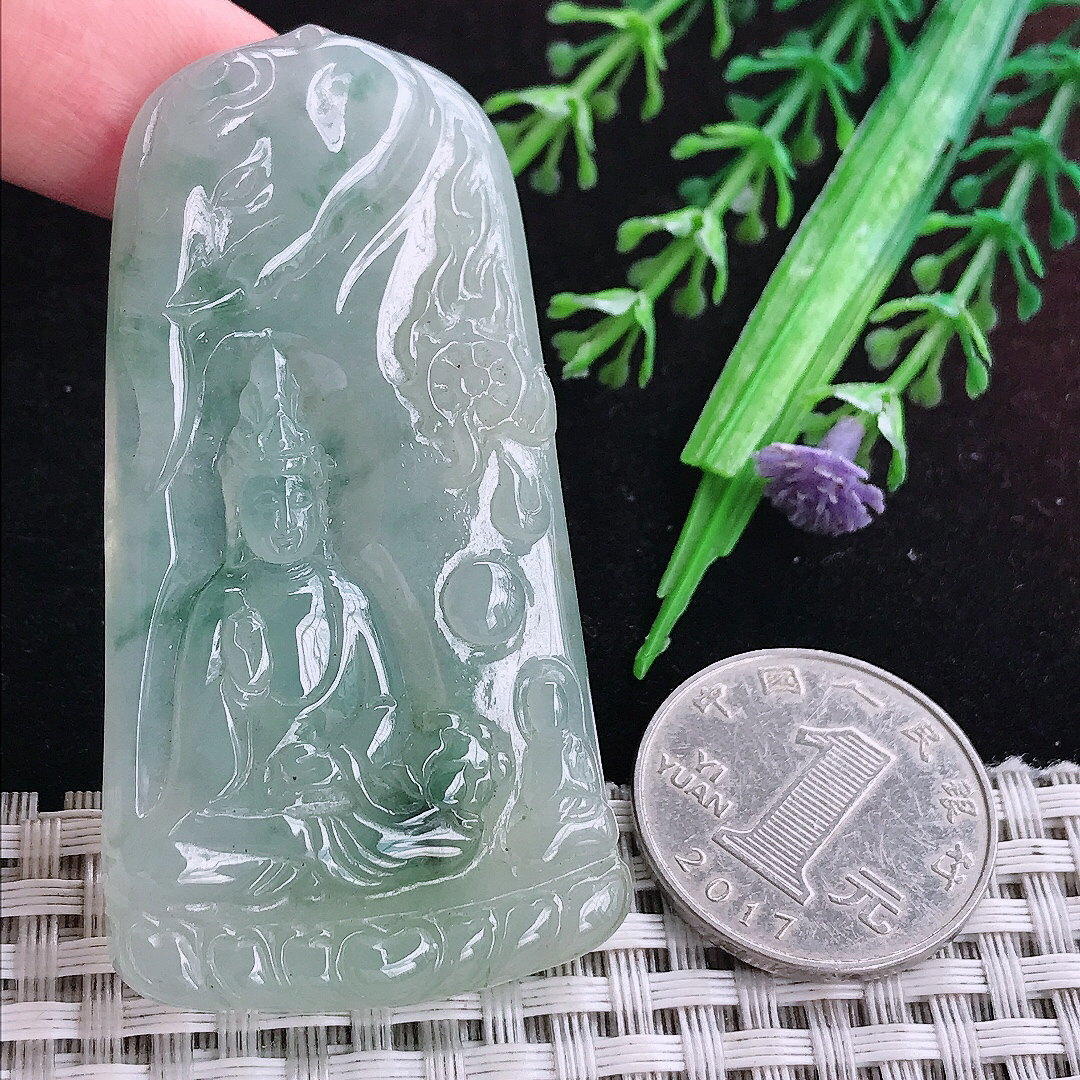 实拍A货翡翠62.5/32.8/6.3老坑冰胶飘花普贤菩萨吊坠翡翠玉挂件
